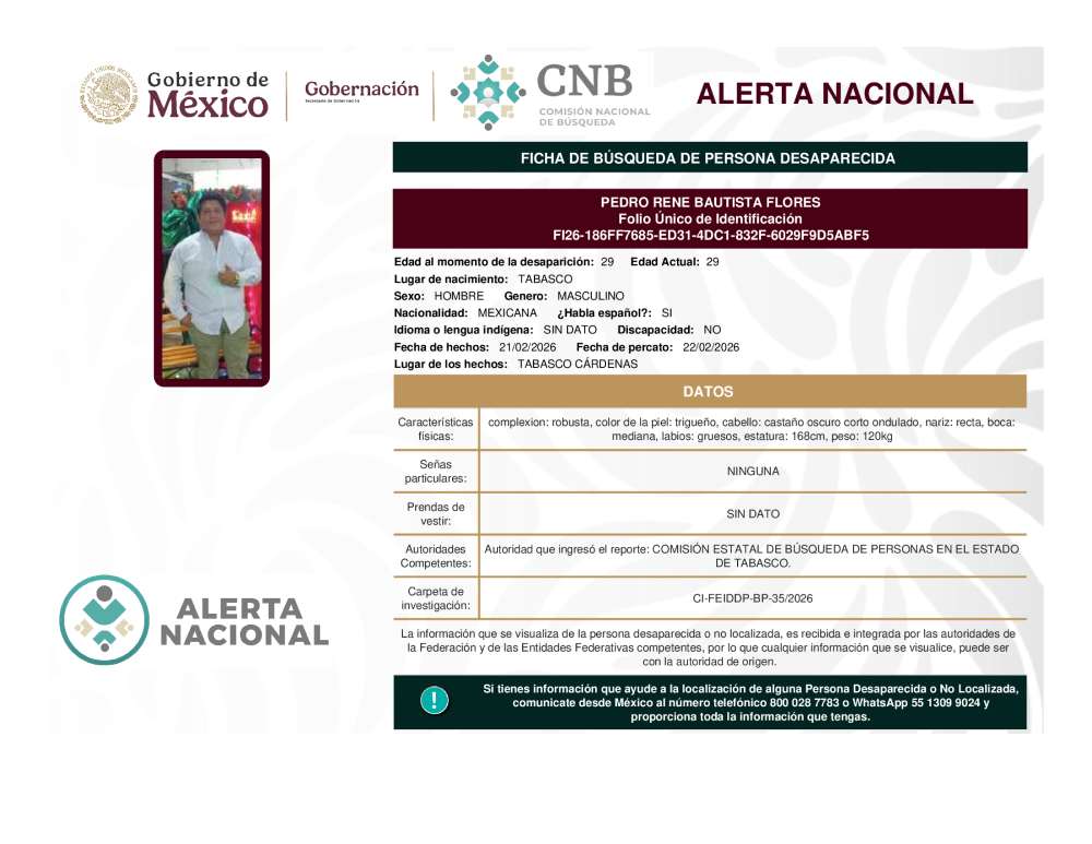 Persona desaparecida Pedro Rene Bautista Flores