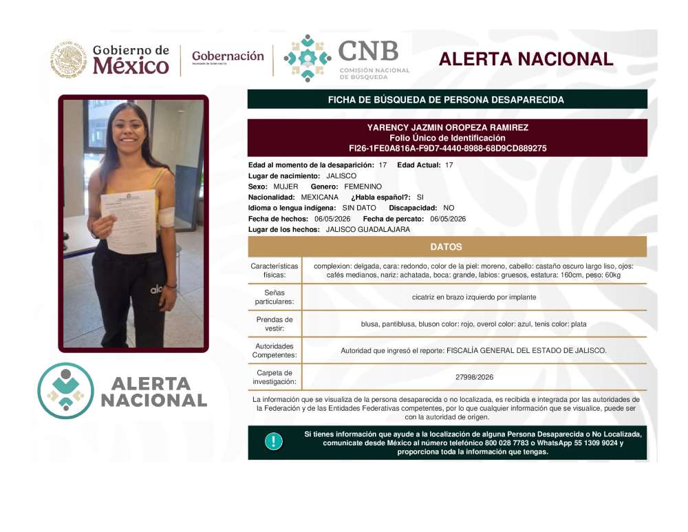 Persona desaparecida Yarency Jazmin Oropeza Ramirez