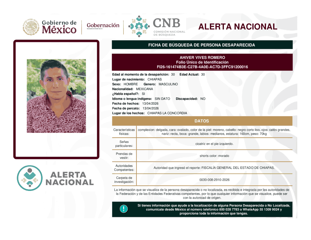 Persona desaparecida Ahiver Vives Romero