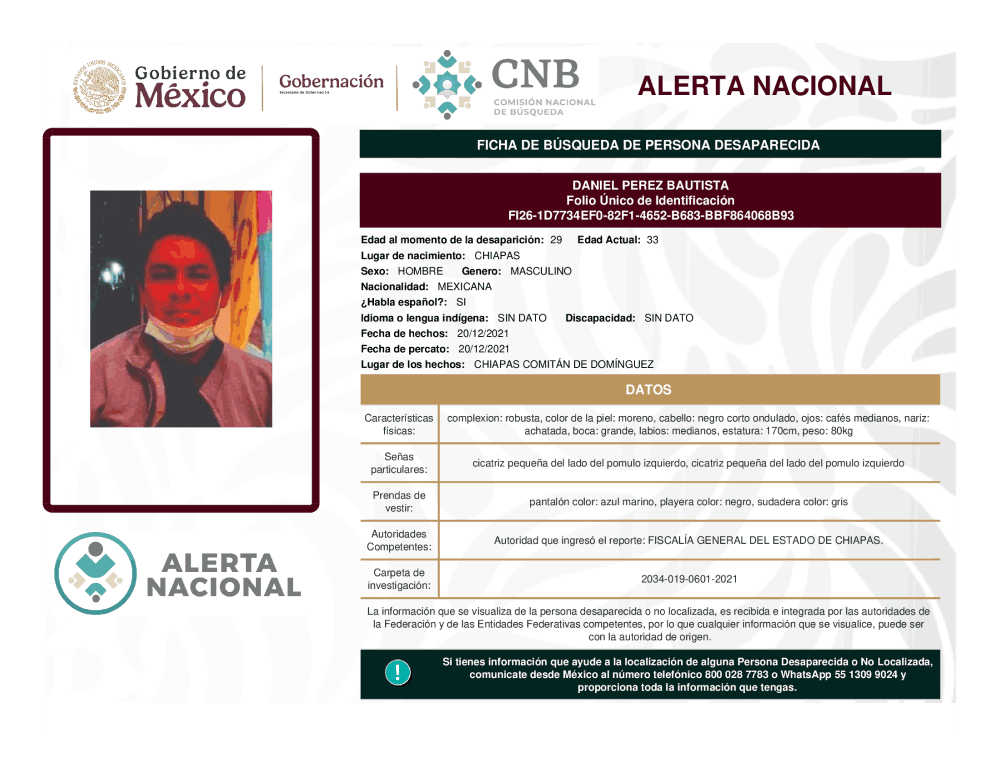 Persona desaparecida Daniel Pérez Bautista