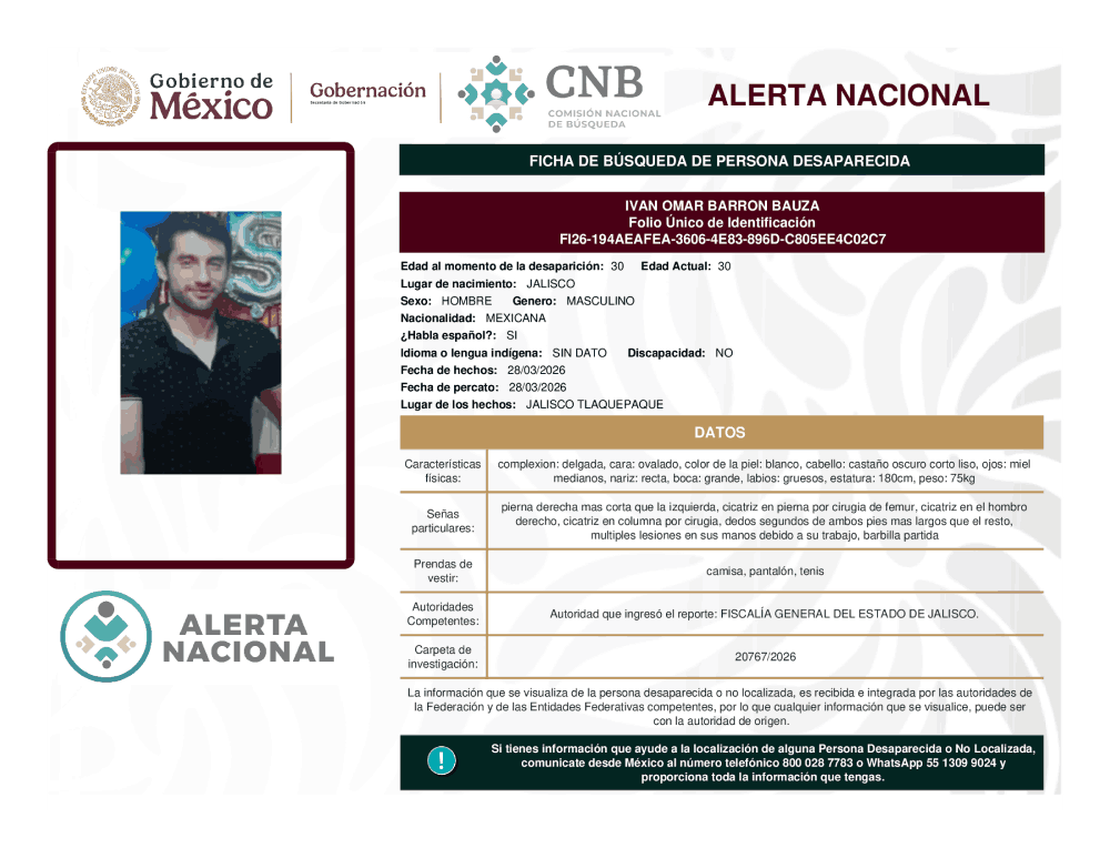 Persona desaparecida Ivan Omar Barron Bauza