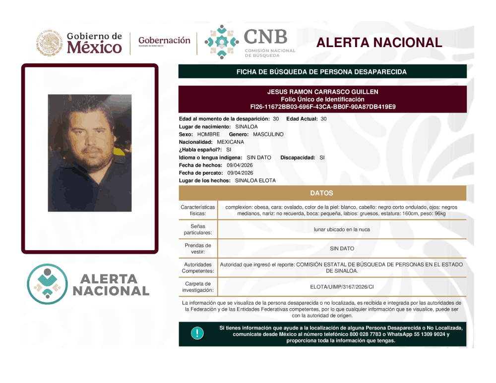 Persona desaparecida Jesús Ramón Carrasco Guillen