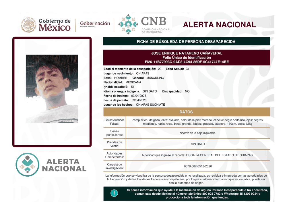 Persona desaparecida José Enrique Natareno Canaveral