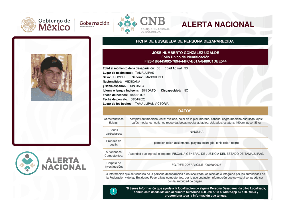 Persona desaparecida José Humberto González Ugalde