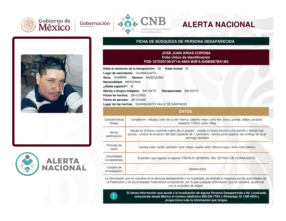 Persona desaparecida José Juan Arias Corona