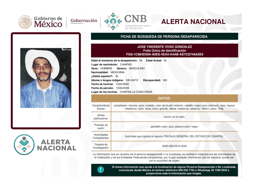 Persona desaparecida José Ynosente Vivez González