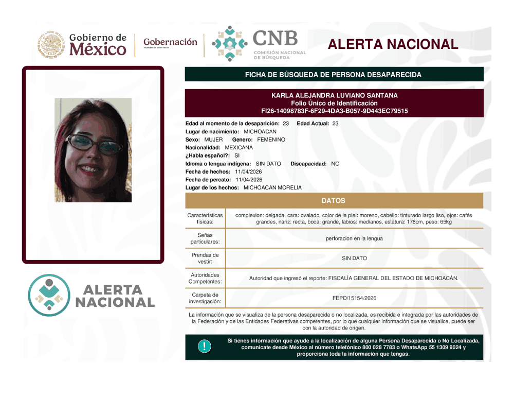 Persona desaparecida Karla Alejandra Luviano Santana