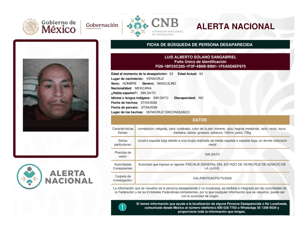 Persona desaparecida Luis Alberto Solano Sangabriel