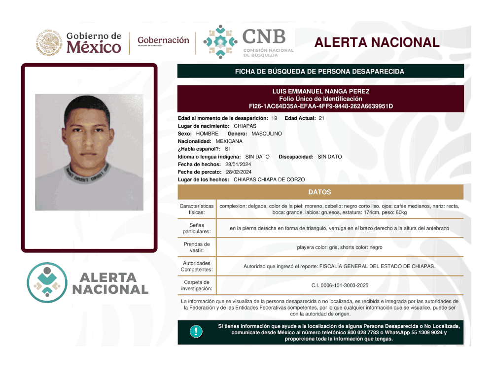 Persona desaparecida Luis Emmanuel Nanga Pérez