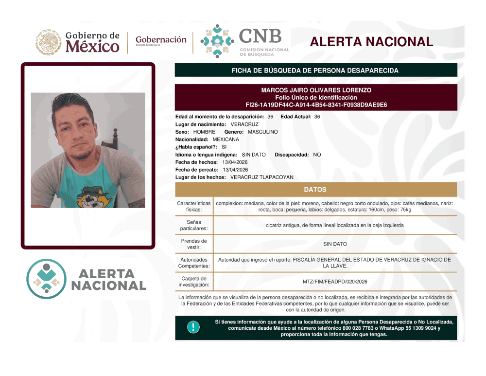 Persona desaparecida Marcos Jairo Olivares Lorenzo