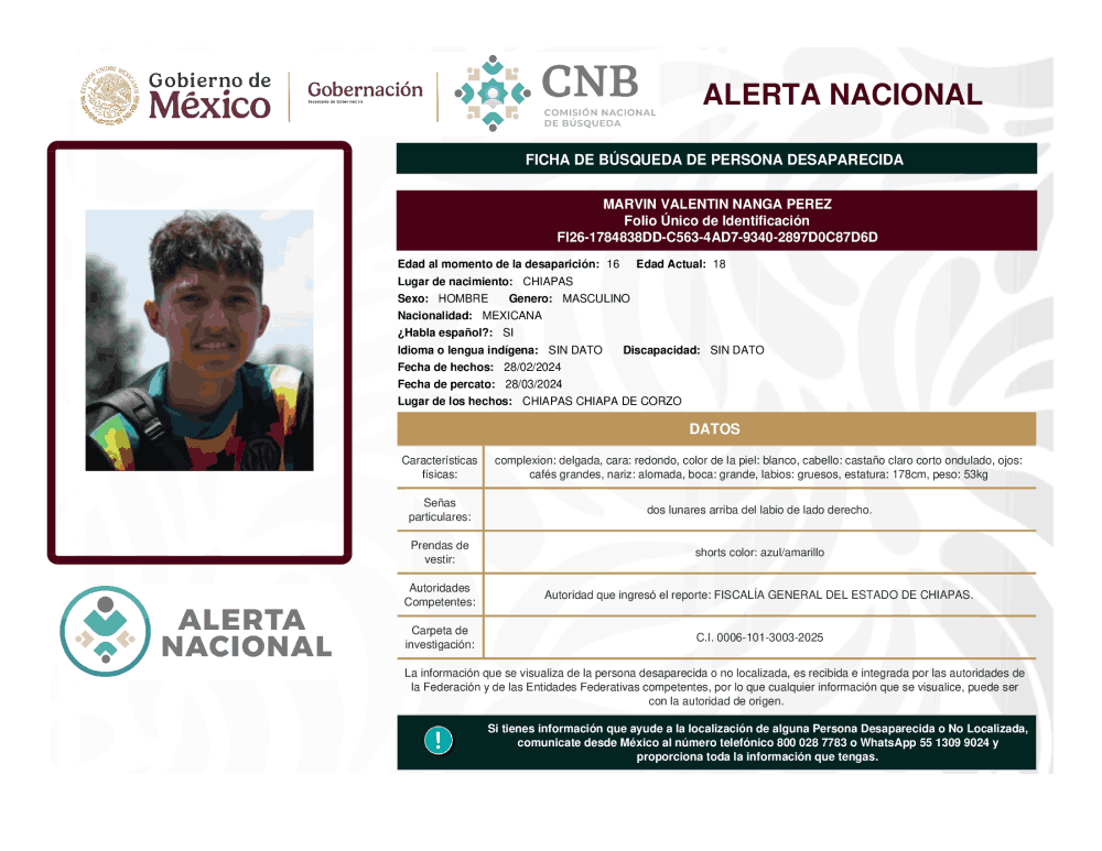 Persona desaparecida Marvin Valentin Nanga Pérez