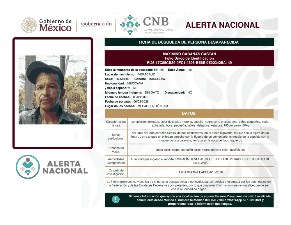 Persona desaparecida Maximino Cabanas Castan