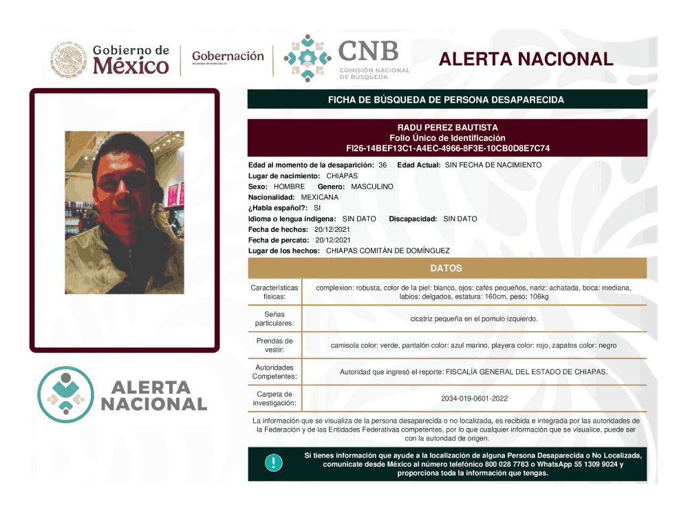 Persona desaparecida Radu Pérez Bautista