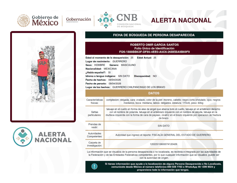 Persona desaparecida Roberto Omir García Santos