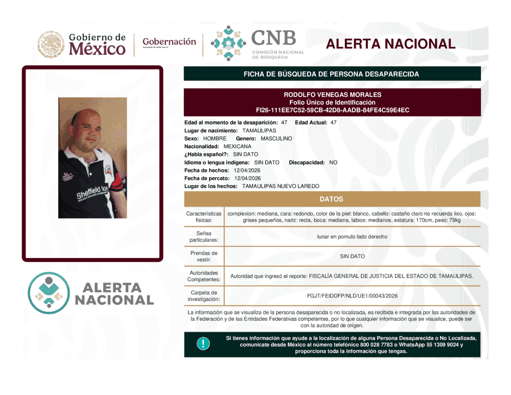 Persona desaparecida Rodolfo Venegas Morales