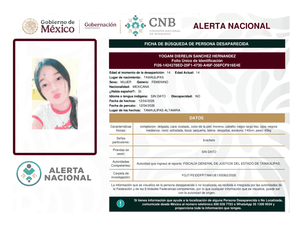 Persona desaparecida Yogani Dierelin Sánchez Hernández