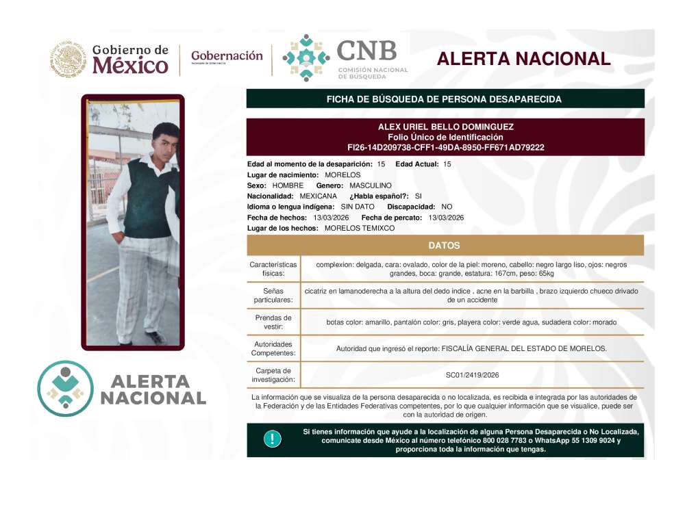 Persona desaparecida Alex Uriel Bello Dominguez