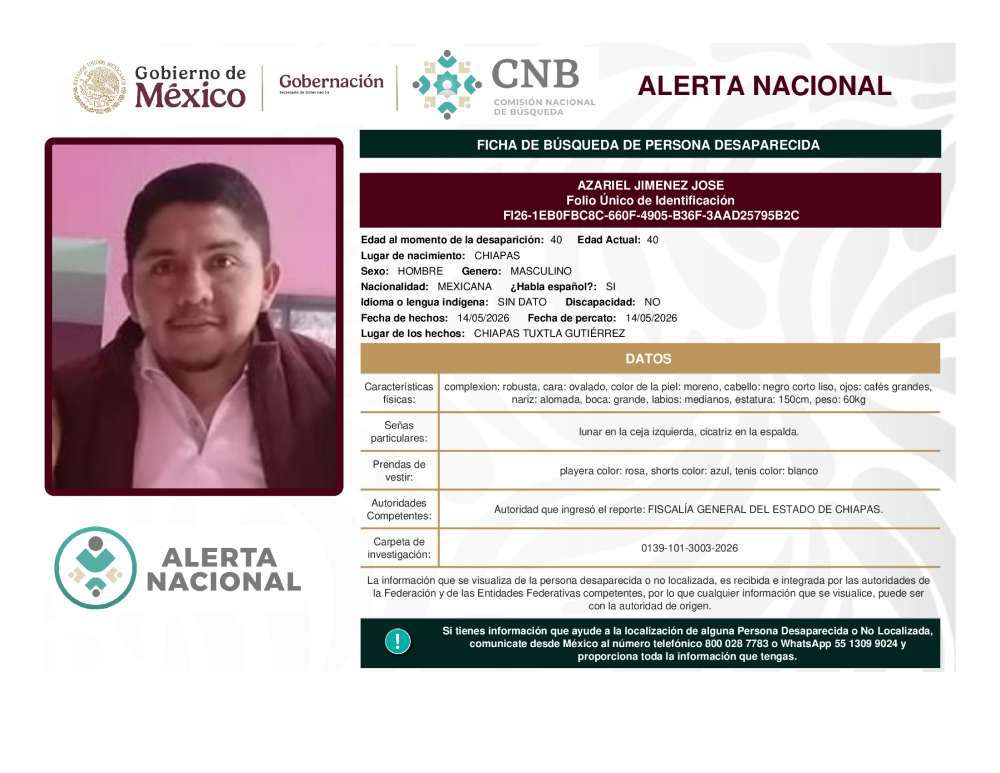 Persona desaparecida Azariel Jimenez Jose