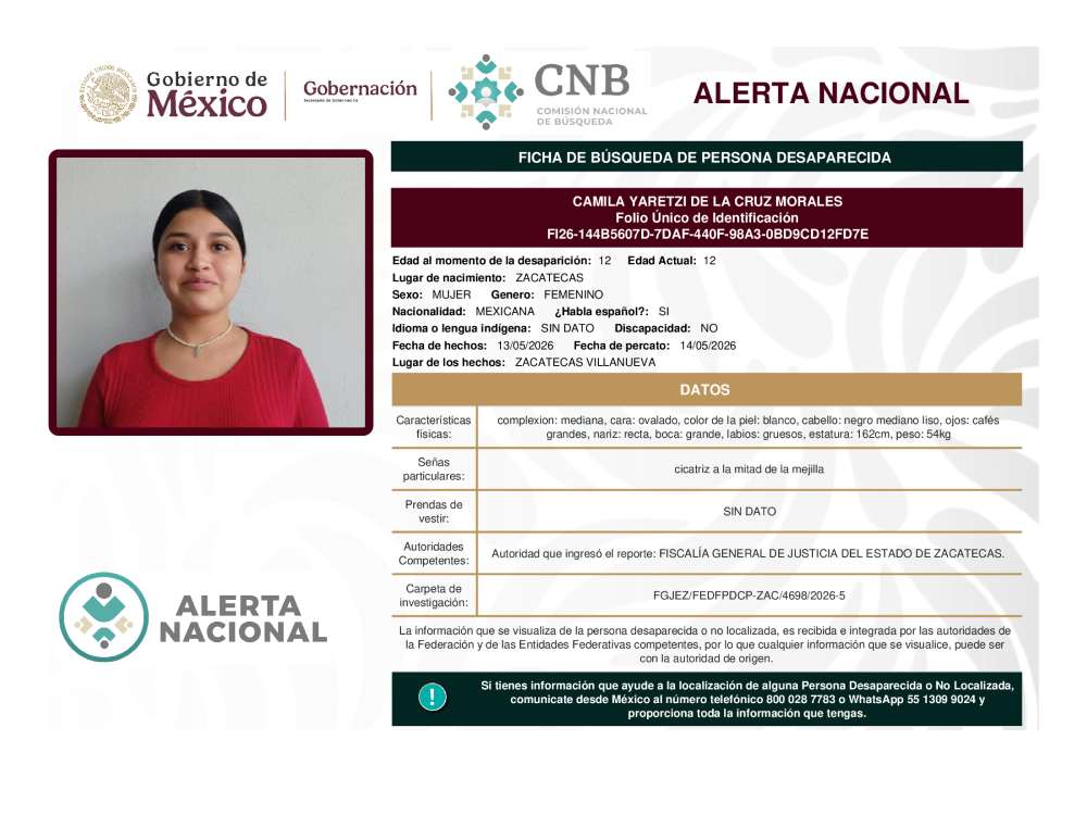 Persona desaparecida Camila Yaretzi De La Cruz Morales