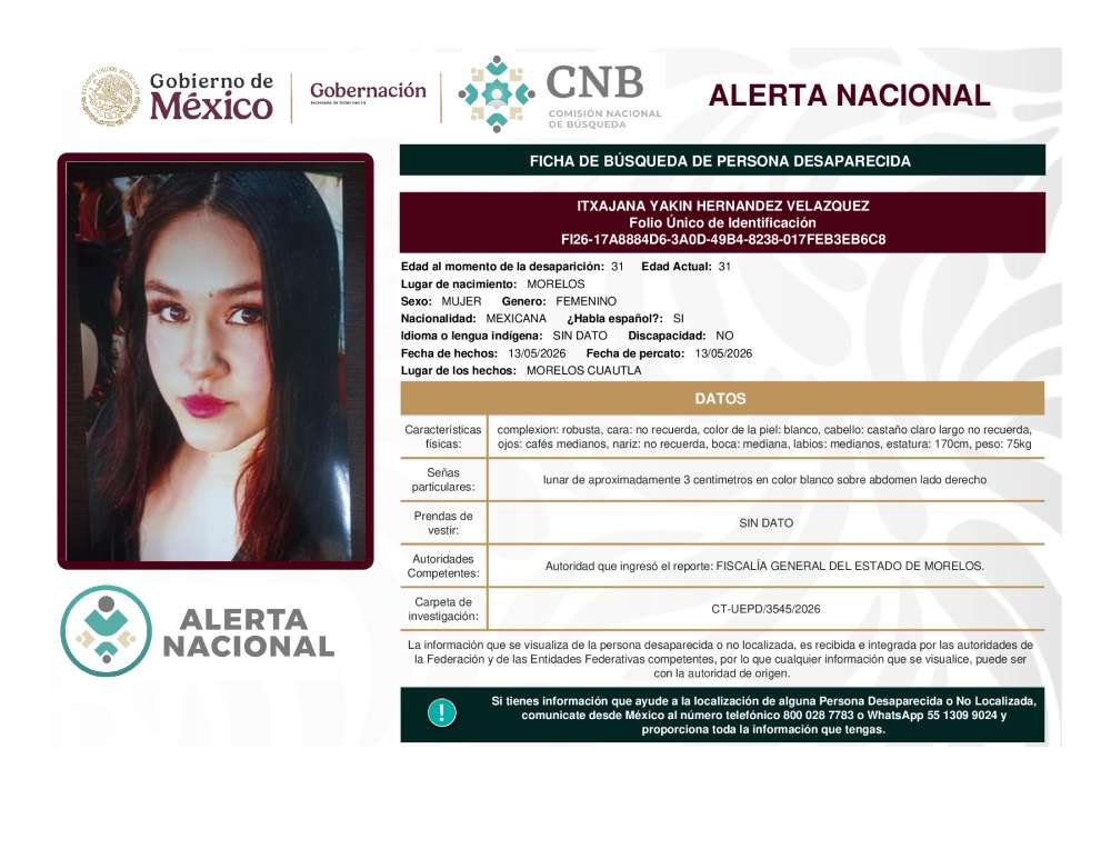 Persona desaparecida Itxajana Yakin Hernandez Velazquez