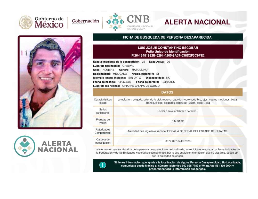 Persona desaparecida Luis Josue Constantino Escobar