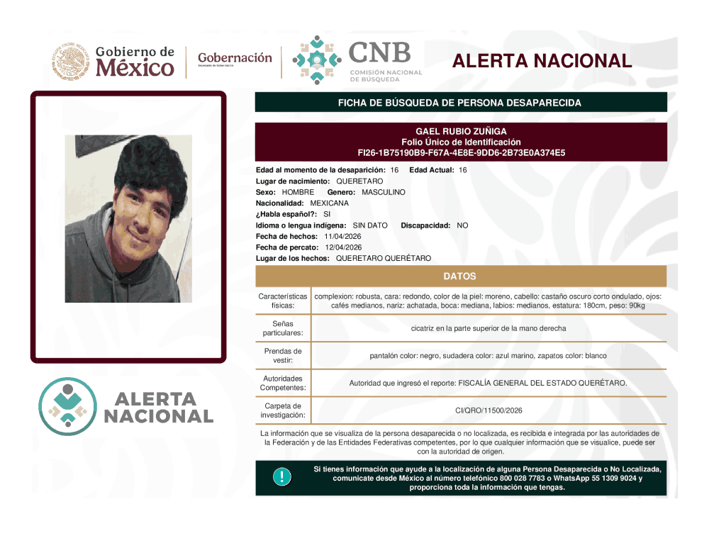 Persona desaparecida Gael Rubio Zuñiga