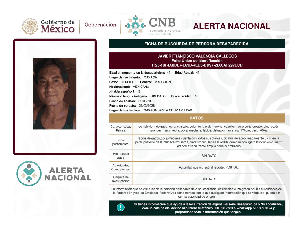 Persona desaparecida Javier Francisco Valencia Gallegos