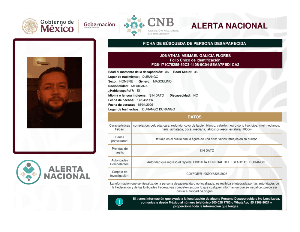 Persona desaparecida Jonathan Abimael Galicia Flores
