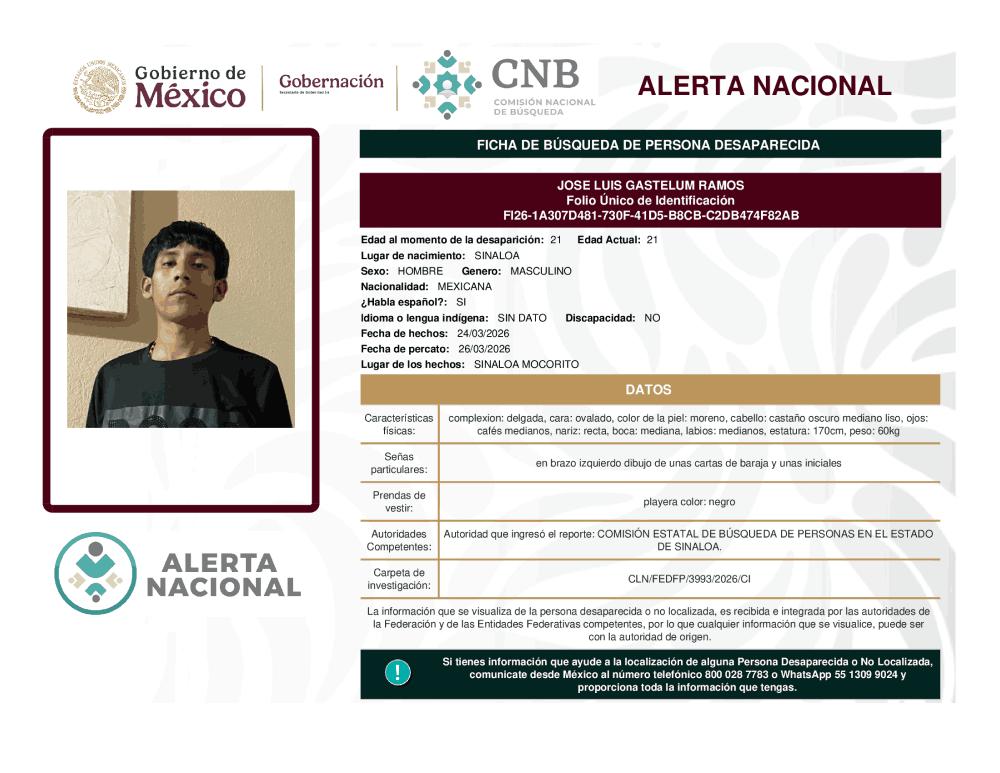 Persona desaparecida Jose Luis Gastelum Ramos