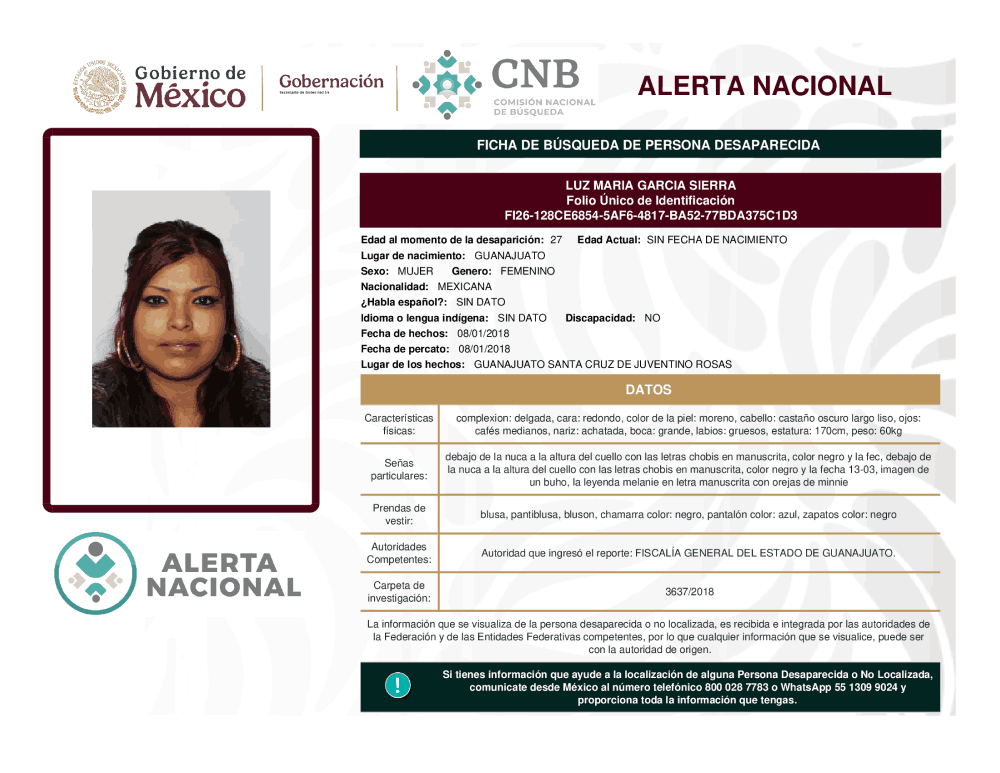 Persona desaparecida Luz Maria Garcia Sierra