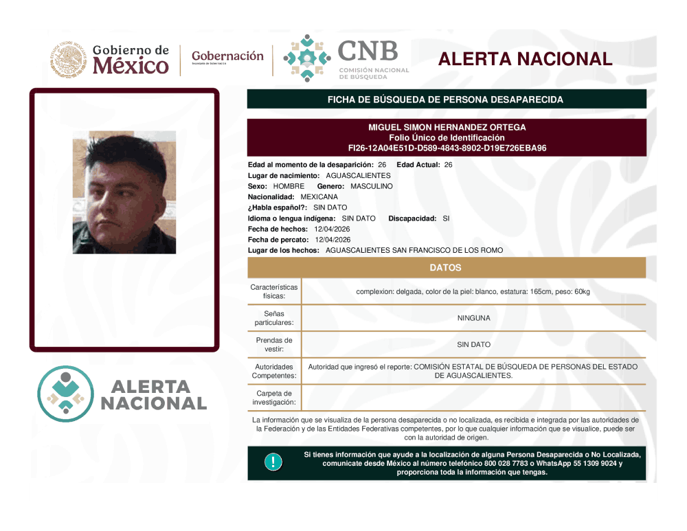 Persona desaparecida Miguel Simon Hernandez Ortega