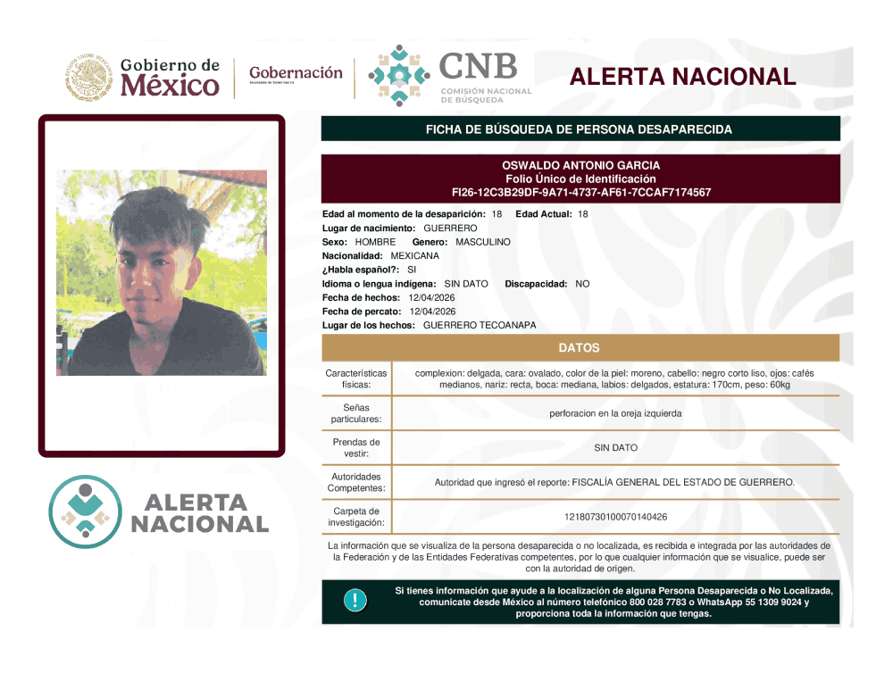 Persona desaparecida Oswaldo Antonio Garcia