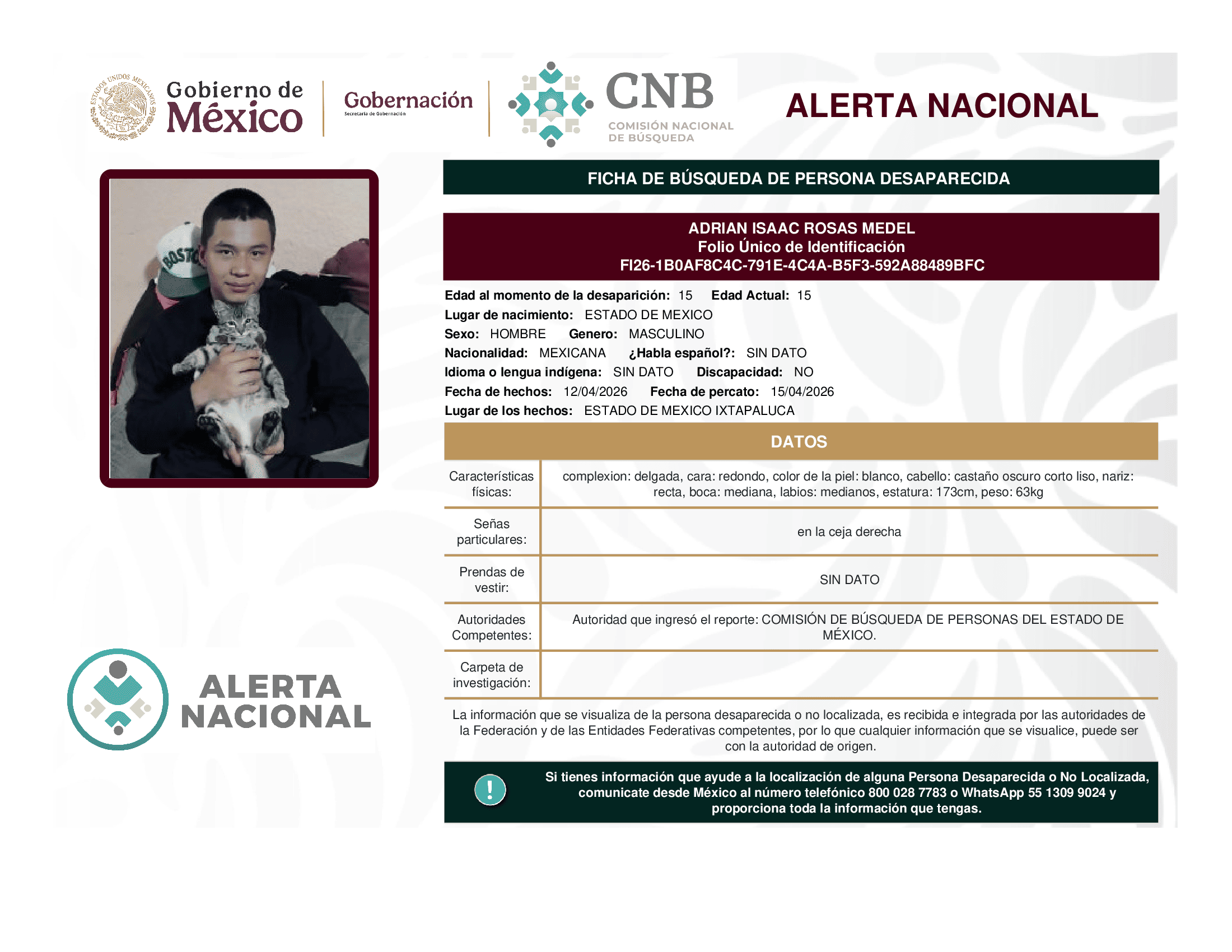 Persona desaparecida Adrian Isaac Rosas Medel