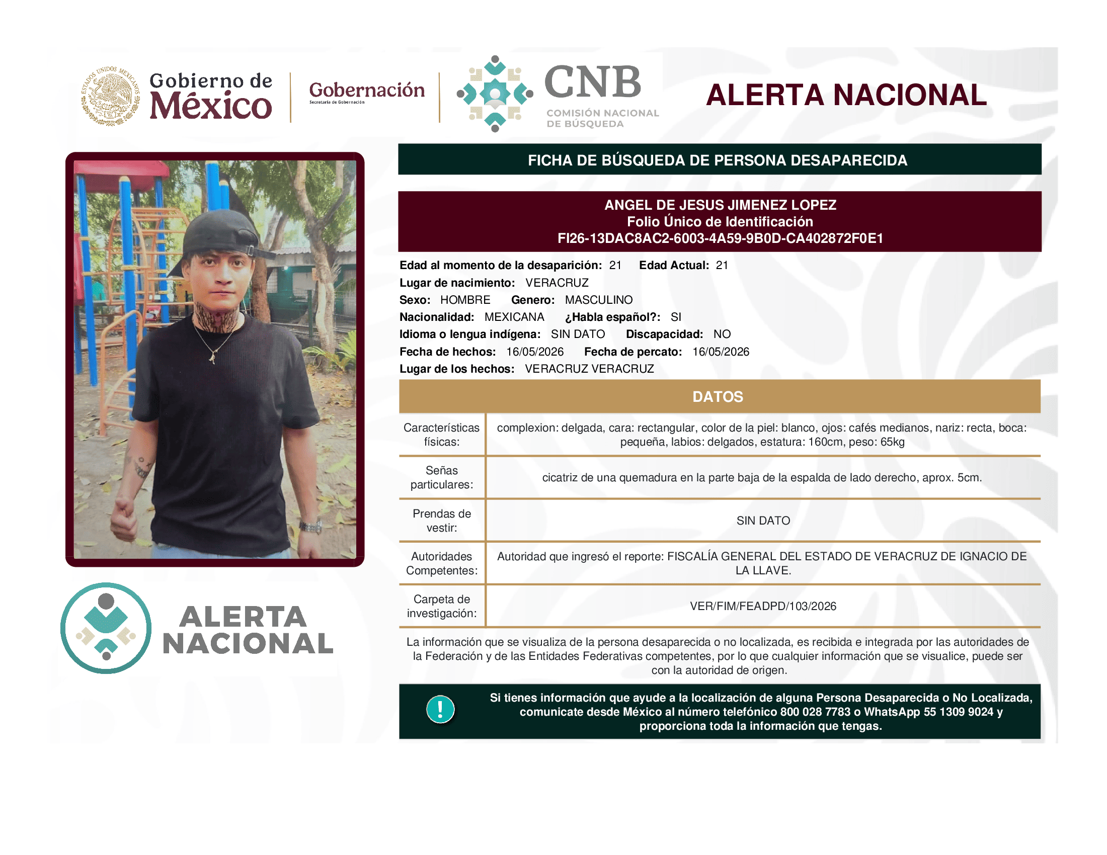Persona desaparecida Angel De Jesus Jimenez Lopez