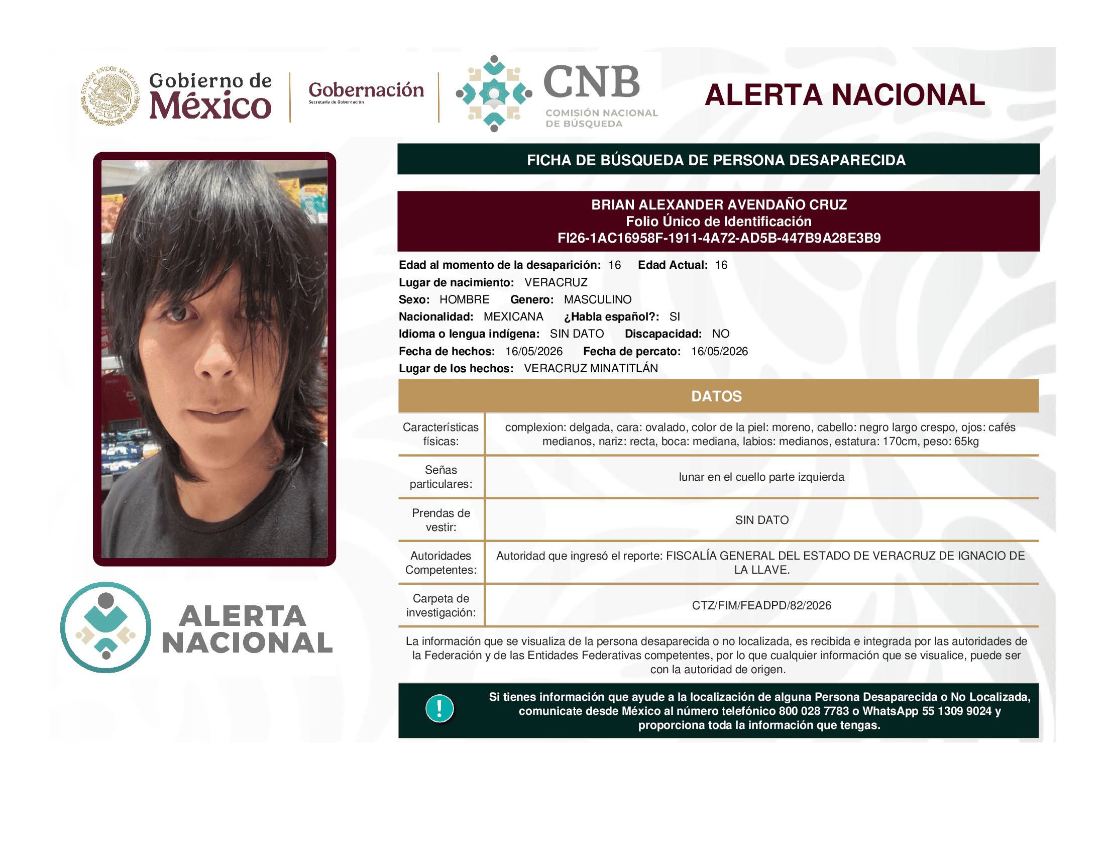 Persona desaparecida Brian Alexander Avendano Cruz