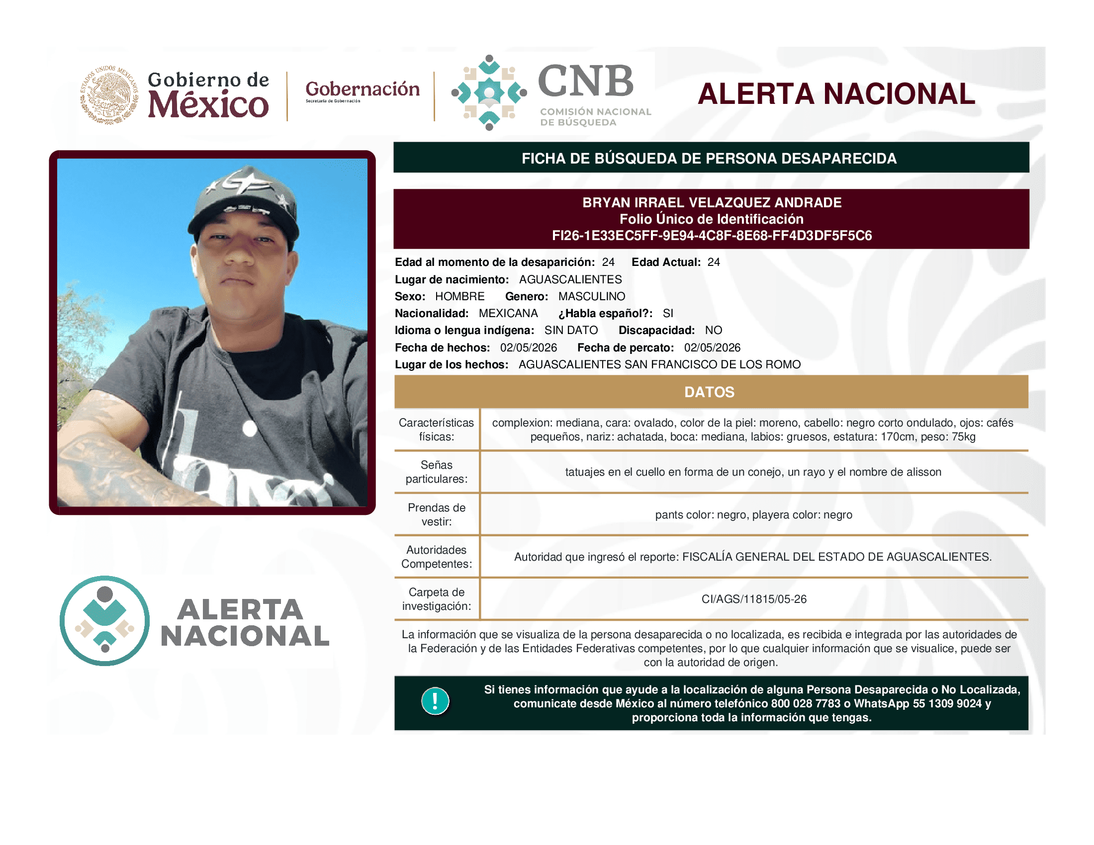 Persona desaparecida Bryan Irrael Velazquez Andrade