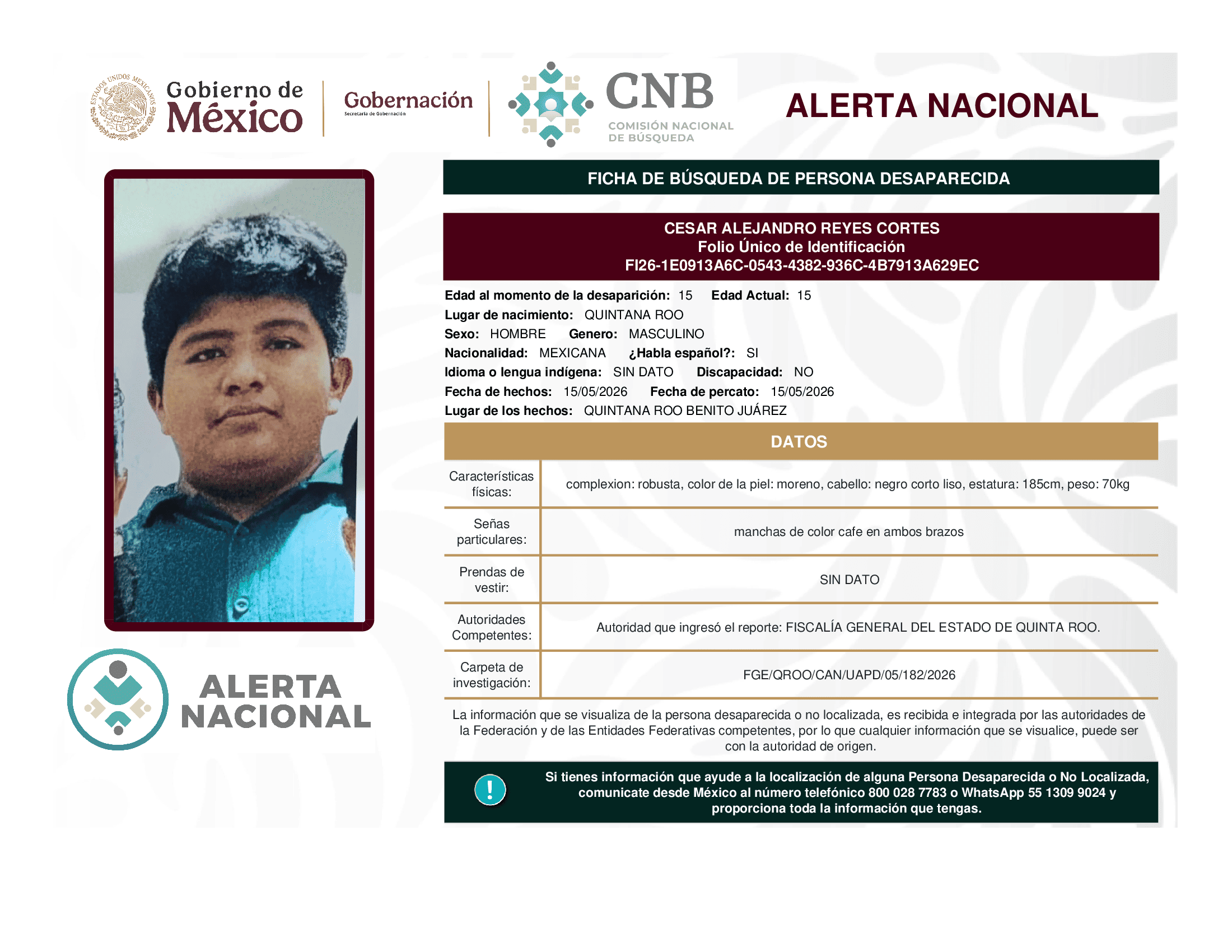 Persona desaparecida Cesar Alejandro Reyes Cortes