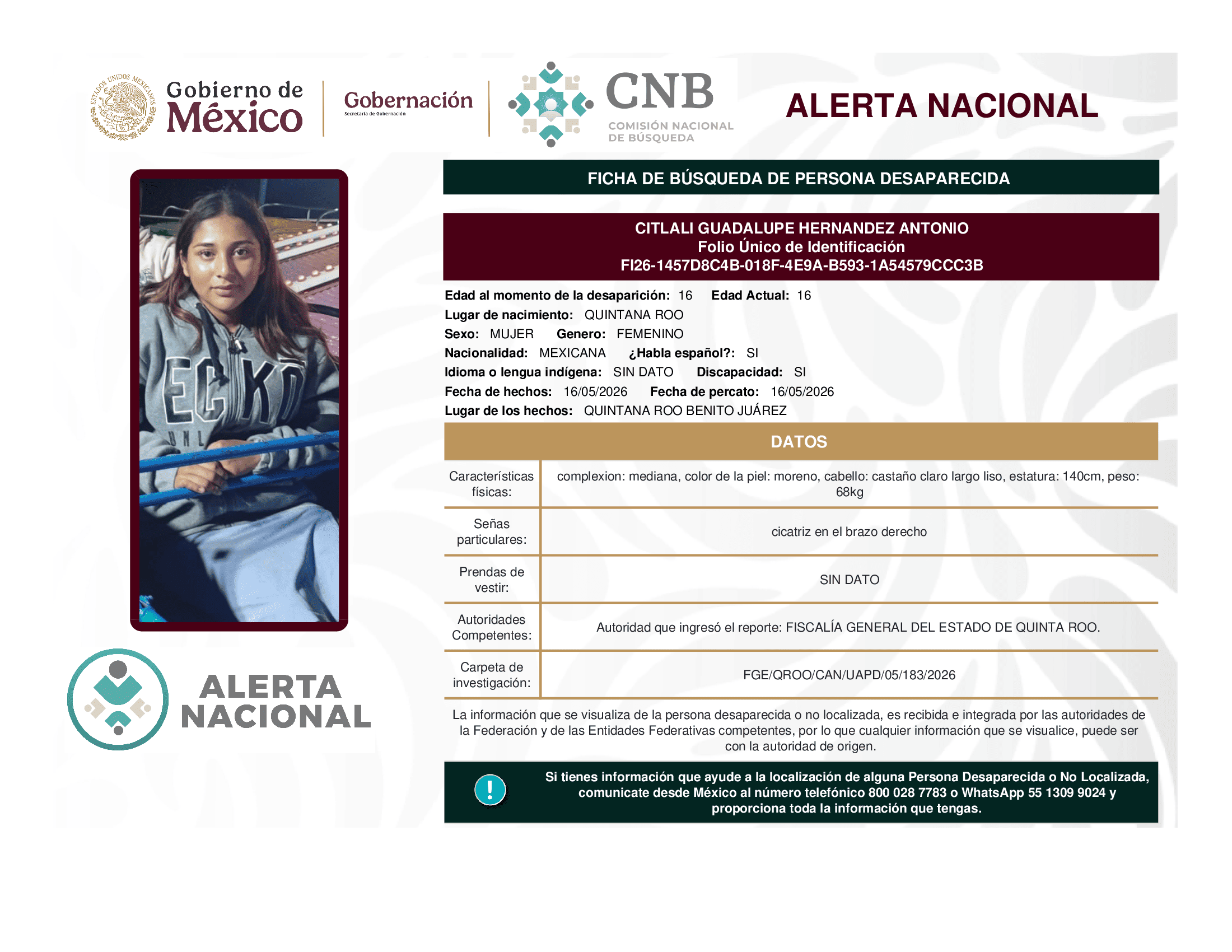 Persona desaparecida Citlali Guadalupe Hernandez Antonio