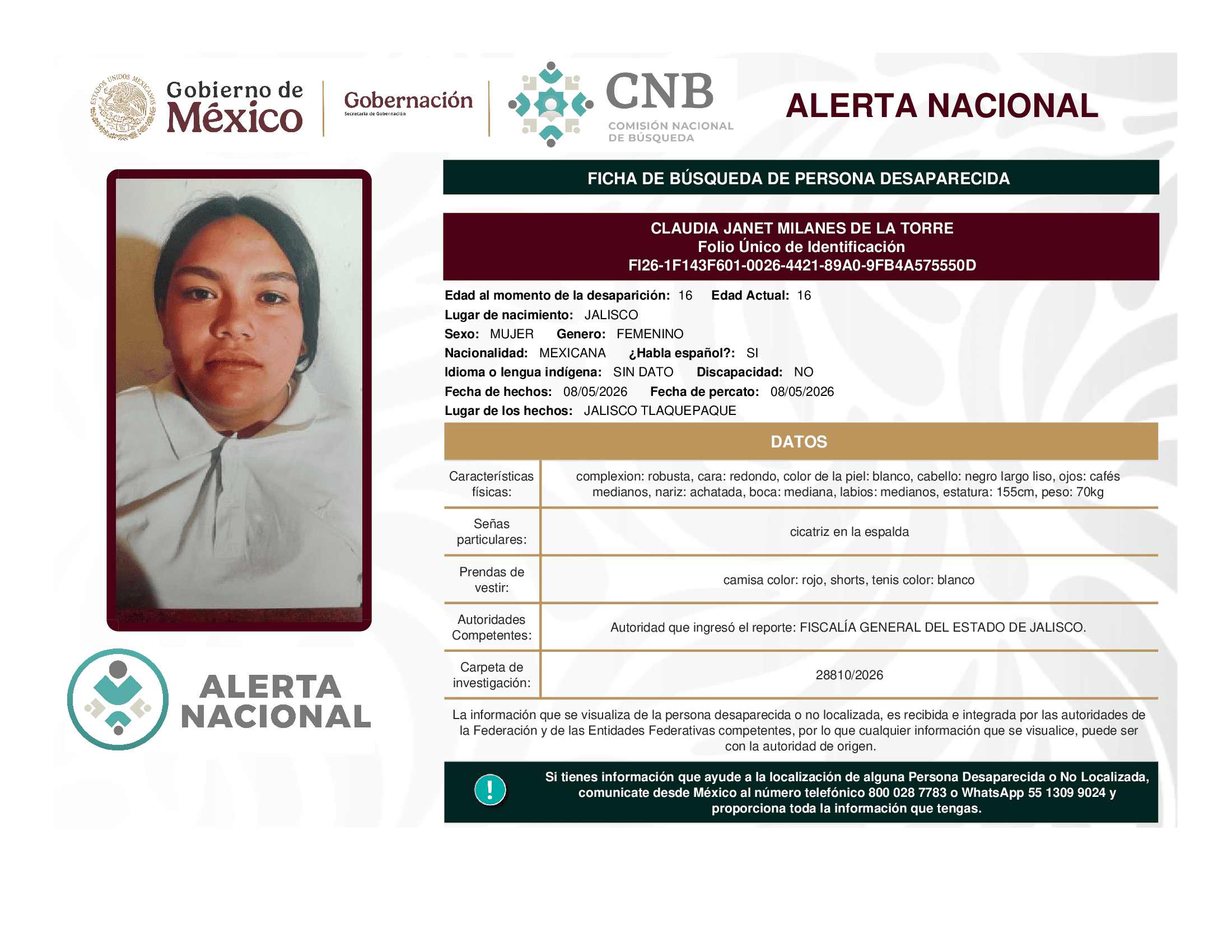 Persona desaparecida Claudia Janet Milanes De La Torre
