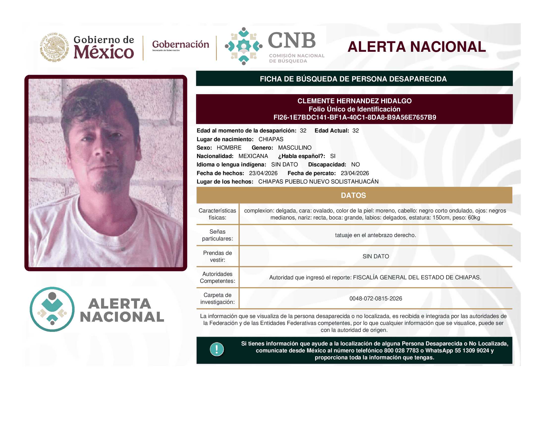 Persona desaparecida Clemente Hernandez Hidalgo