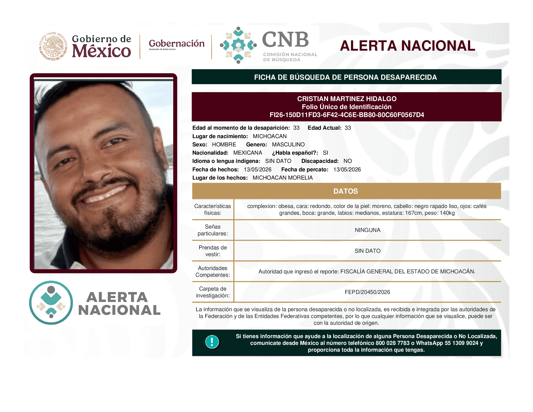 Persona desaparecida Cristian Martinez Hidalgo