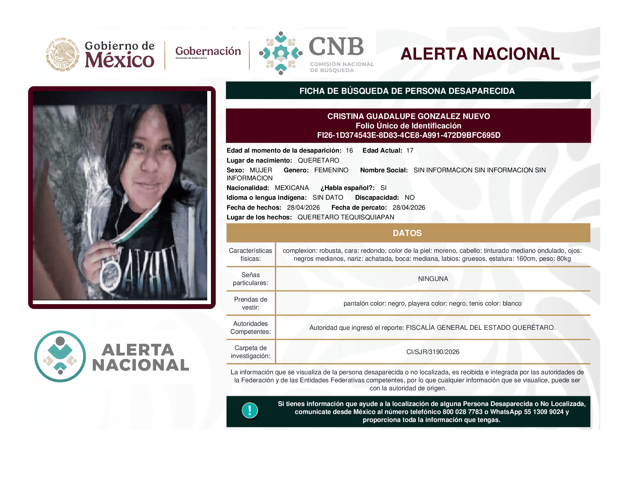 Persona desaparecida Cristina Guadalupe Gonzalez Nuevo