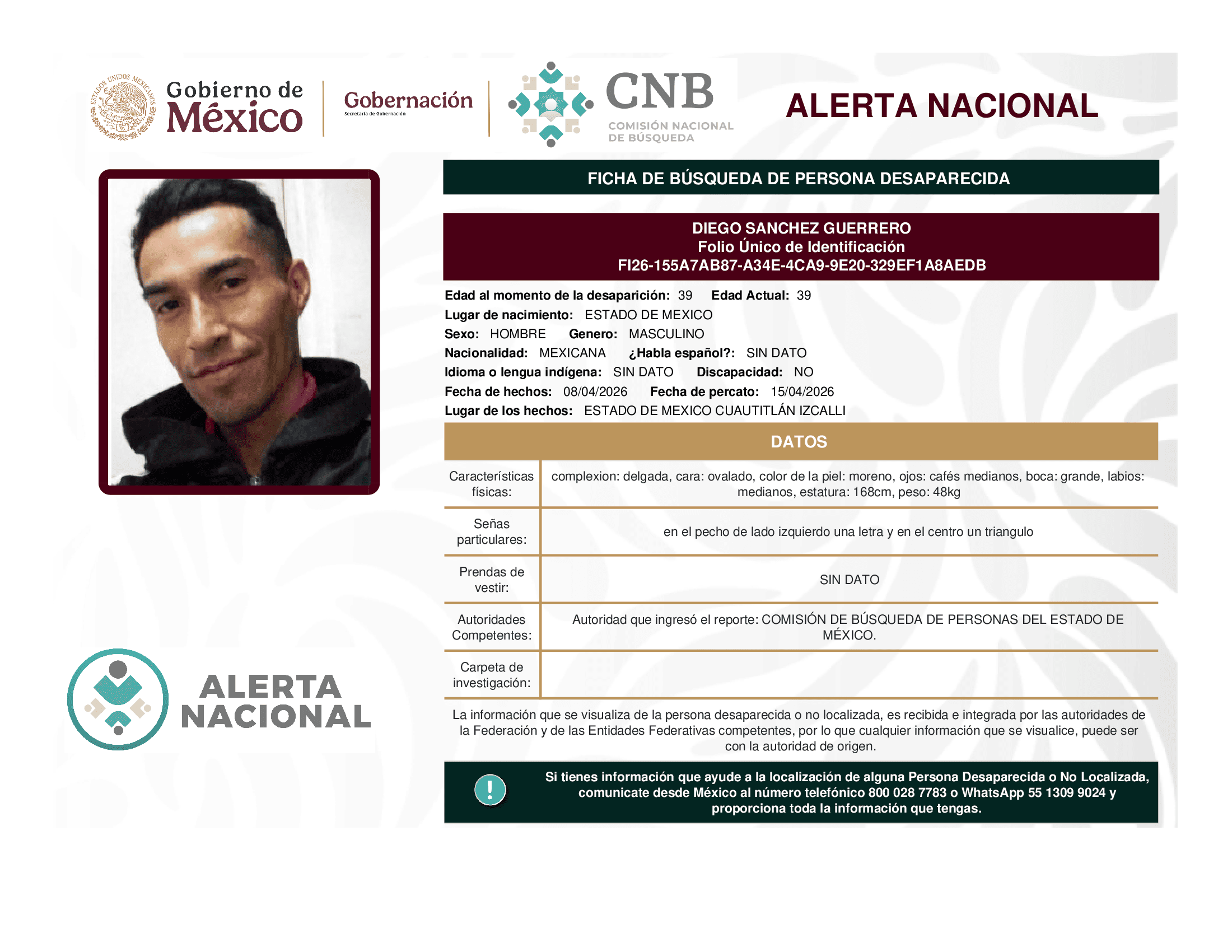 Persona desaparecida Diego Sanchez Guerrero