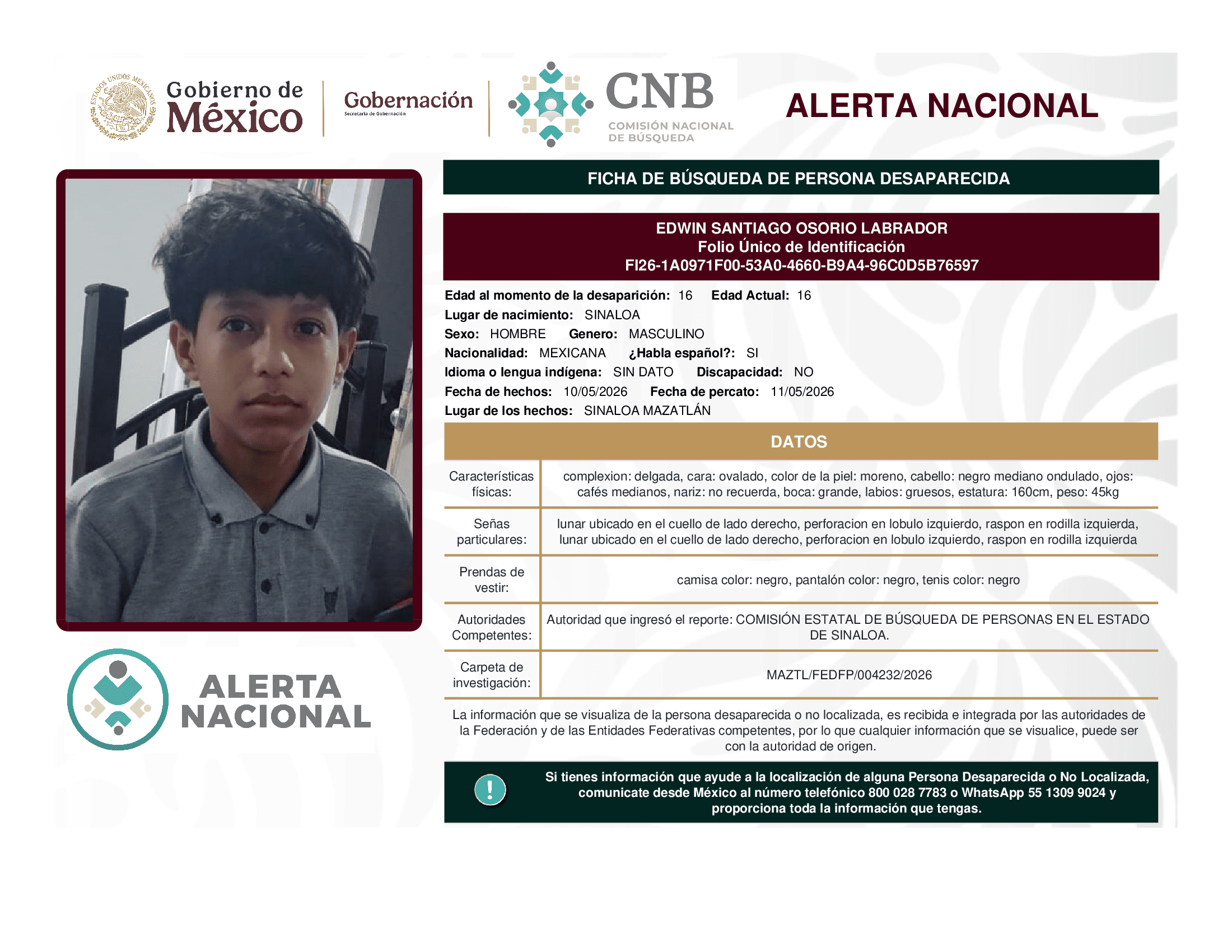 Persona desaparecida Edwin Santiago Osorio Labrador