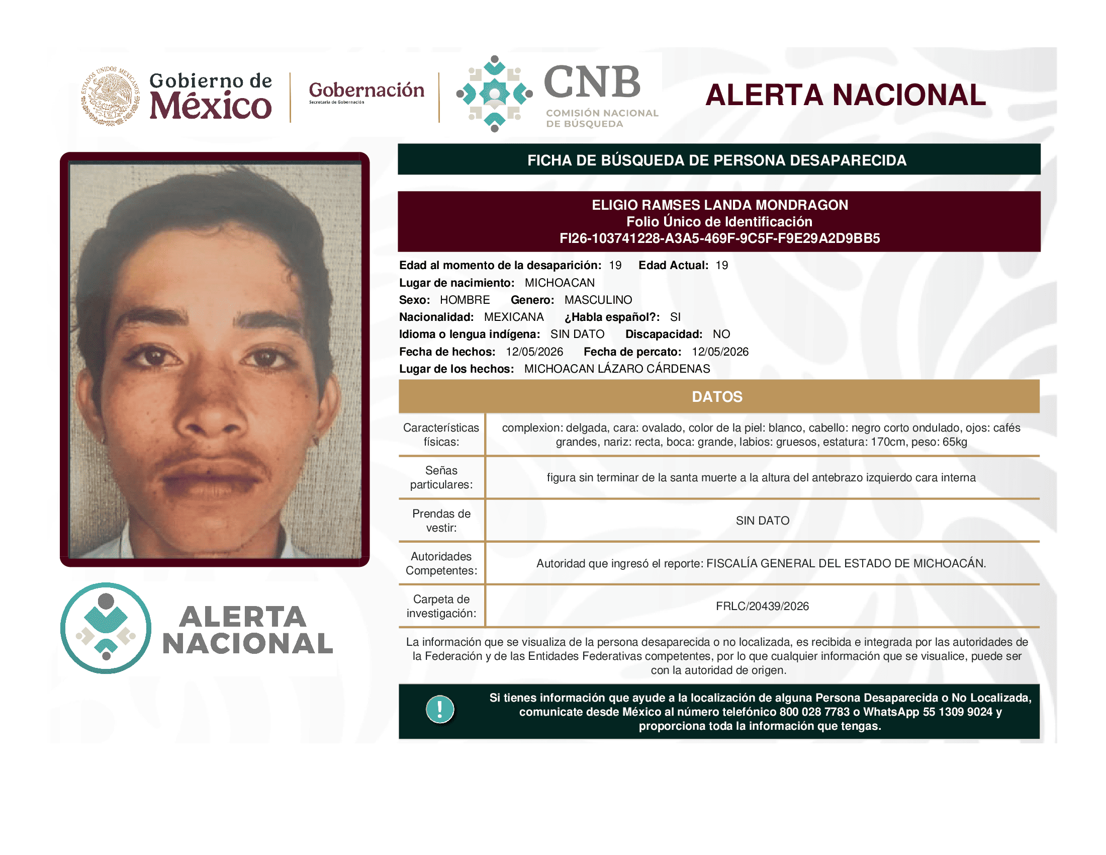 Persona desaparecida Eligio Ramses Landa Mondragon