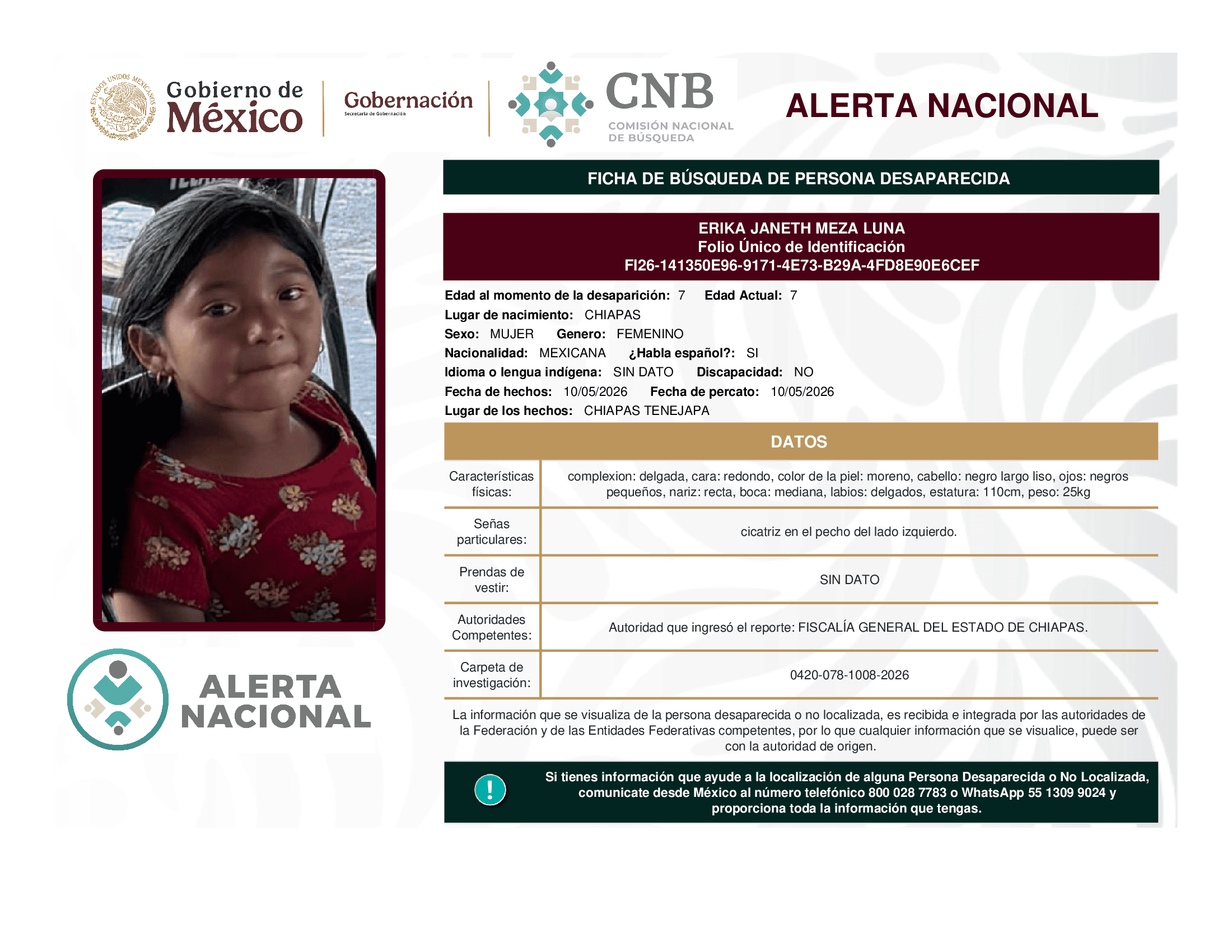 Persona desaparecida Erika Janeth Meza Luna