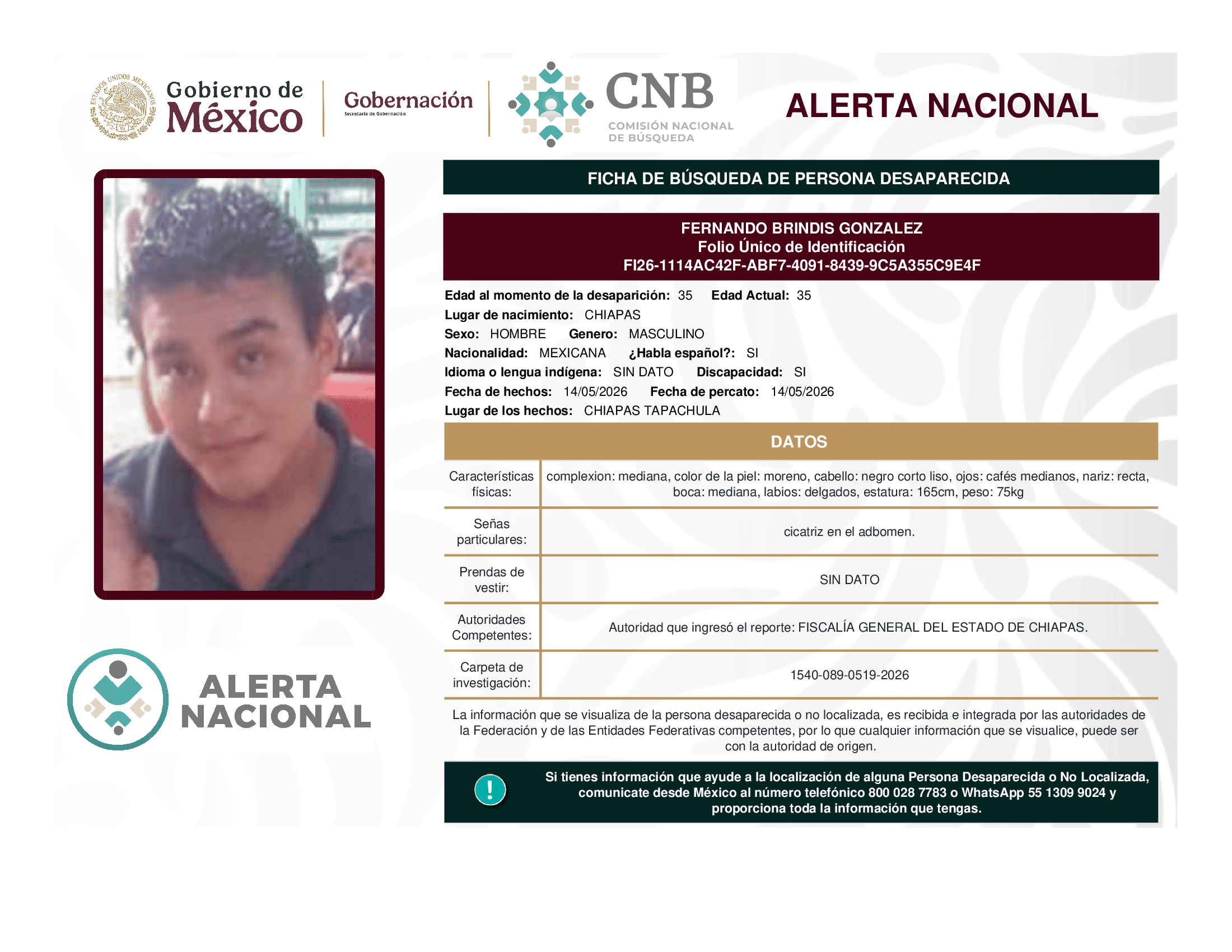Persona desaparecida Fernando Brindis Gonzalez