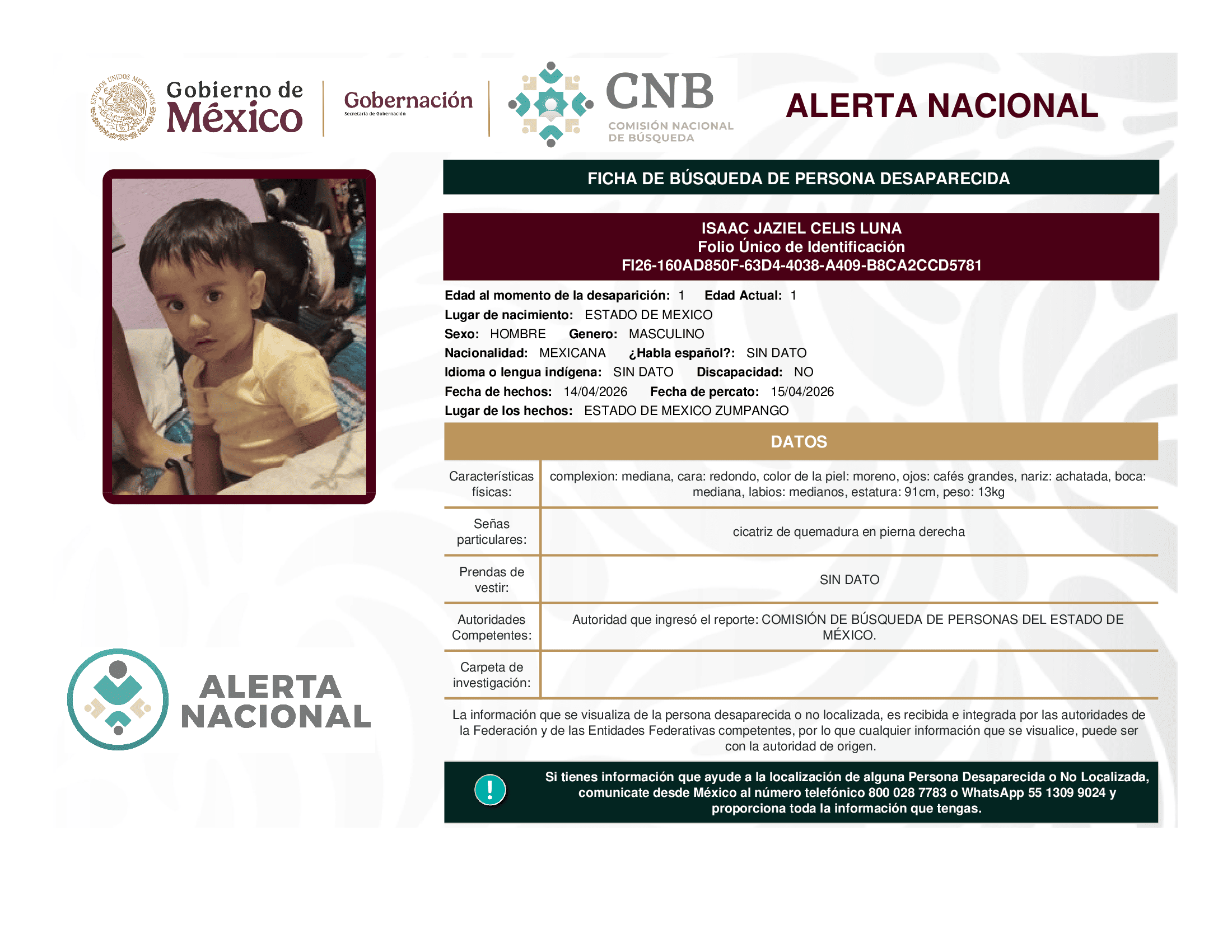 Persona desaparecida Isaac Jaziel Celis Luna