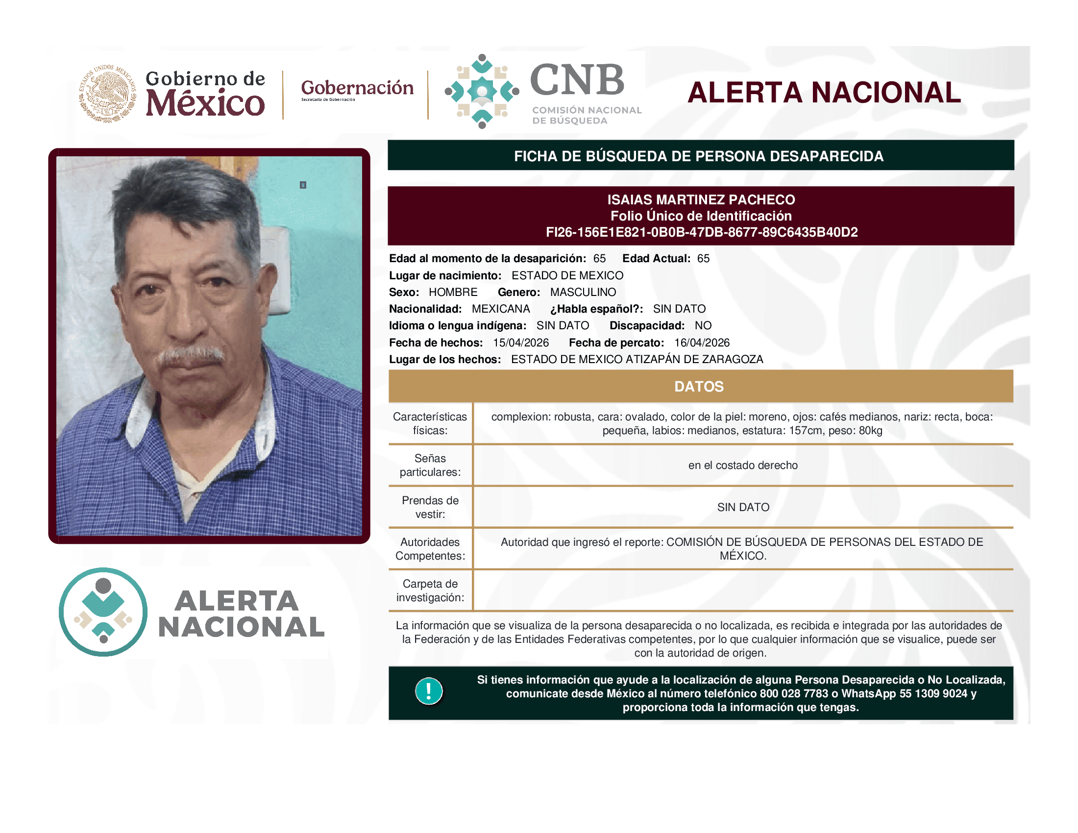 Persona desaparecida Isaias Martinez Pacheco