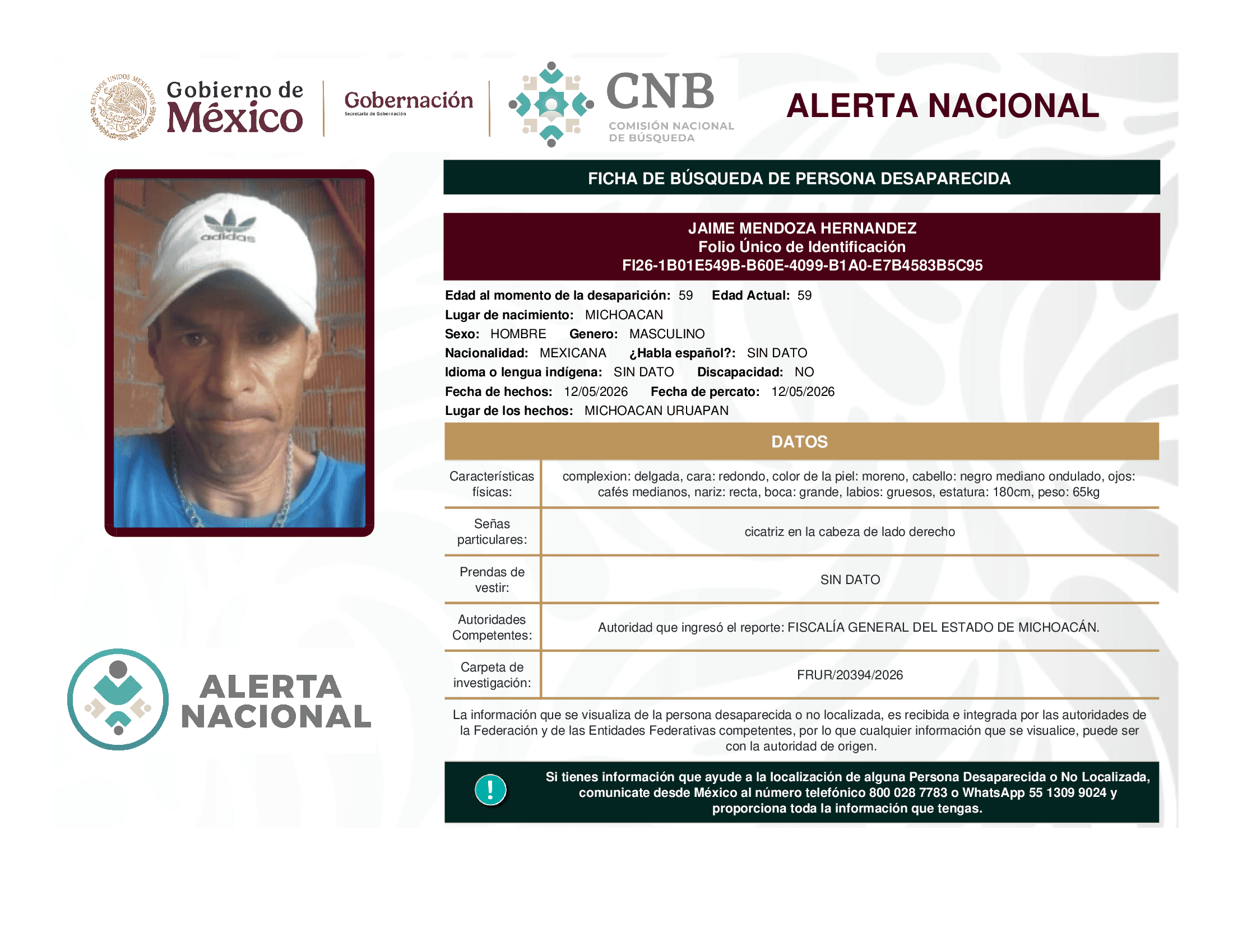 Persona desaparecida Jaime Mendoza Hernandez